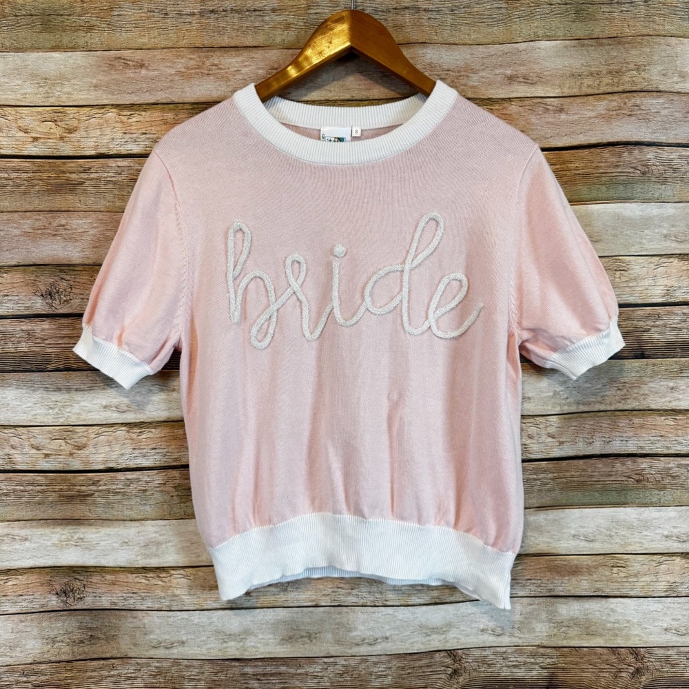 Queen of Sparkles Pink Bride Glitter Script Short Sleeve Sweater Top Size Small